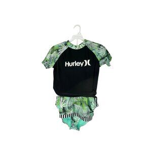 Hurley 3 Piece Palm Leaves Swim Set Girls Size 14/16 Green Black Rash Guard